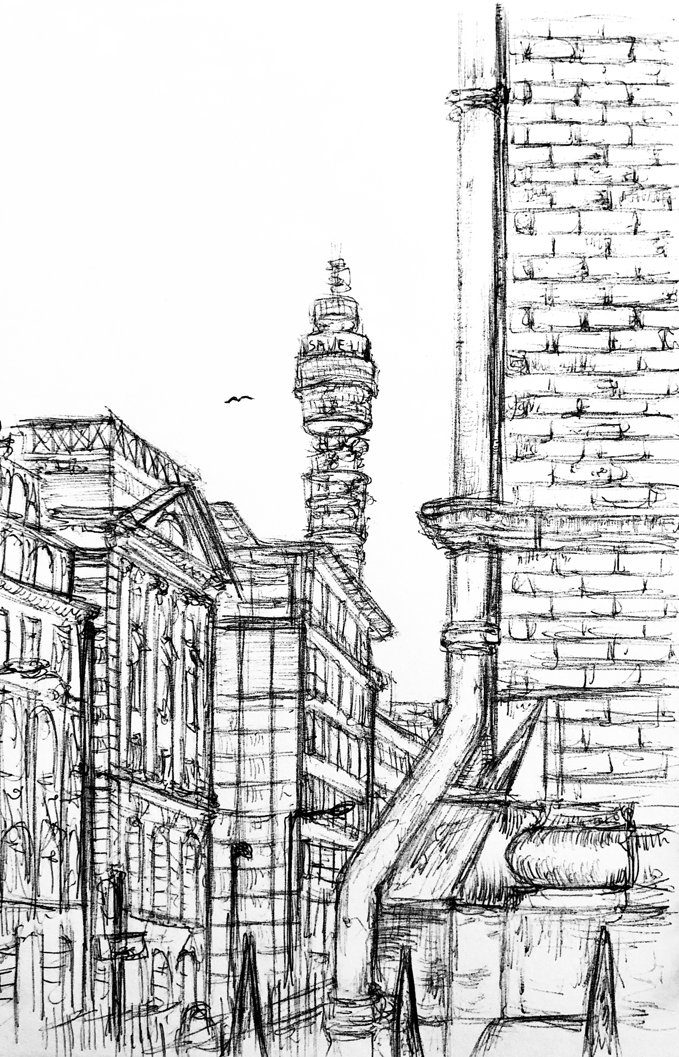 black-and-white sketch of london's BT tower viewed from a nearby street